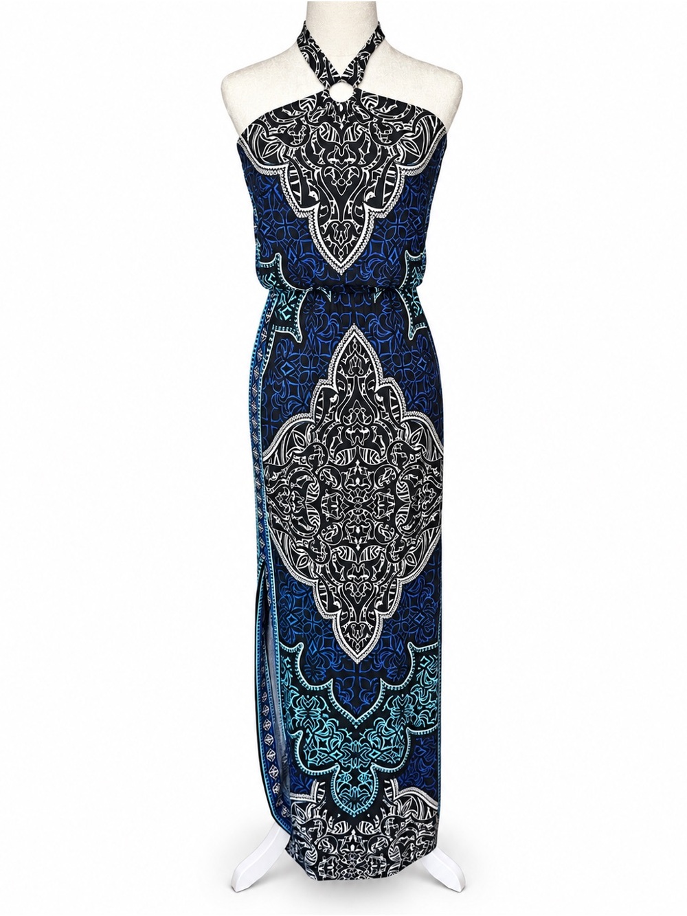 White House Black Market XXS Halter Maxi Dress Blue Black Boho Resort Paisley